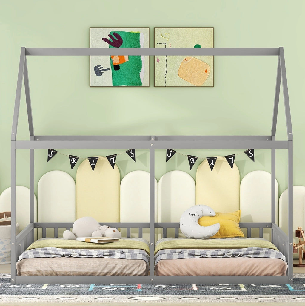 Letto a 2 posti con design a casetta, grigio, 90 x 200 cm