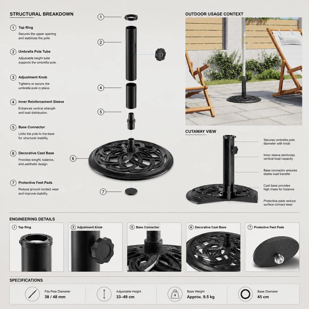 Black Parasol Base, 44x44x31 Cm, Cast Iron