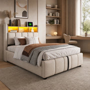 DESMIU Letto singolo 90 × 200 cm con LED, USB, Type-C, vano idraulico, senza materasso, beige