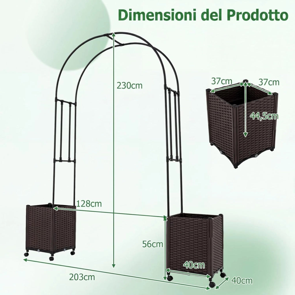 Arco per Piante Rampicanti da Giardino, Pergolato in Metallo con 2 Fioriere in PP e 4 Ruote Universali con Freni, Decorazione Esterno per Matrimonio e Festa, 203 x 40 x 230 cm