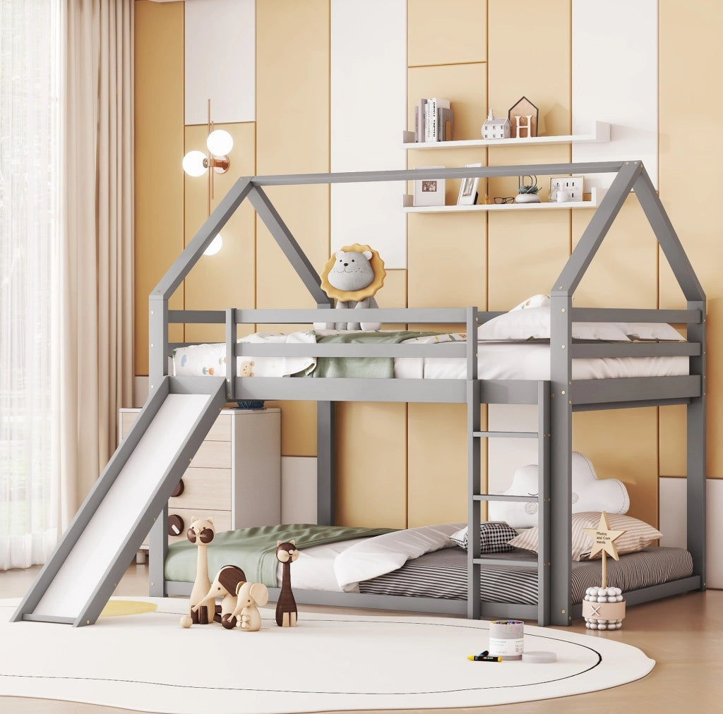 Letto a castello a forma di casa con scivolo e scala, grigio, 140x200 cm