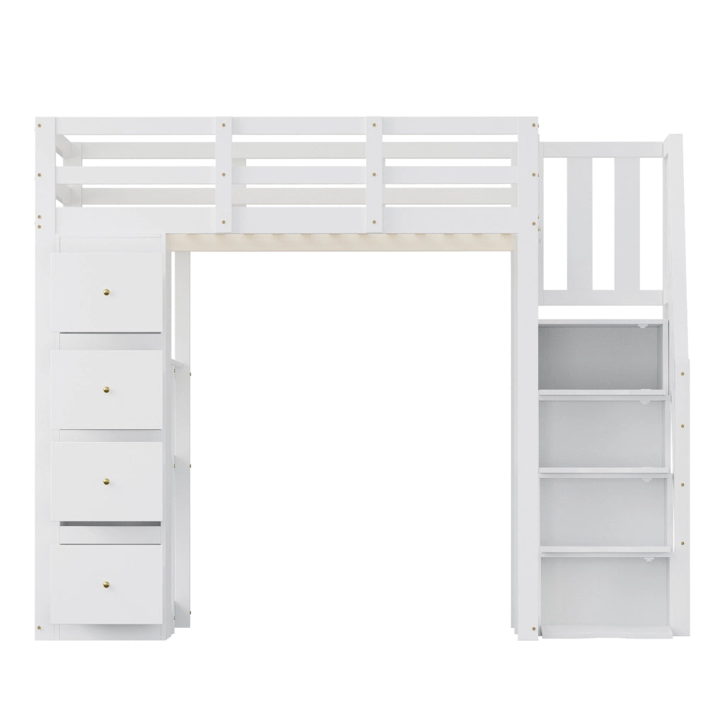 Letto a soppalco 140x200 cm bianco con scala e cassetti