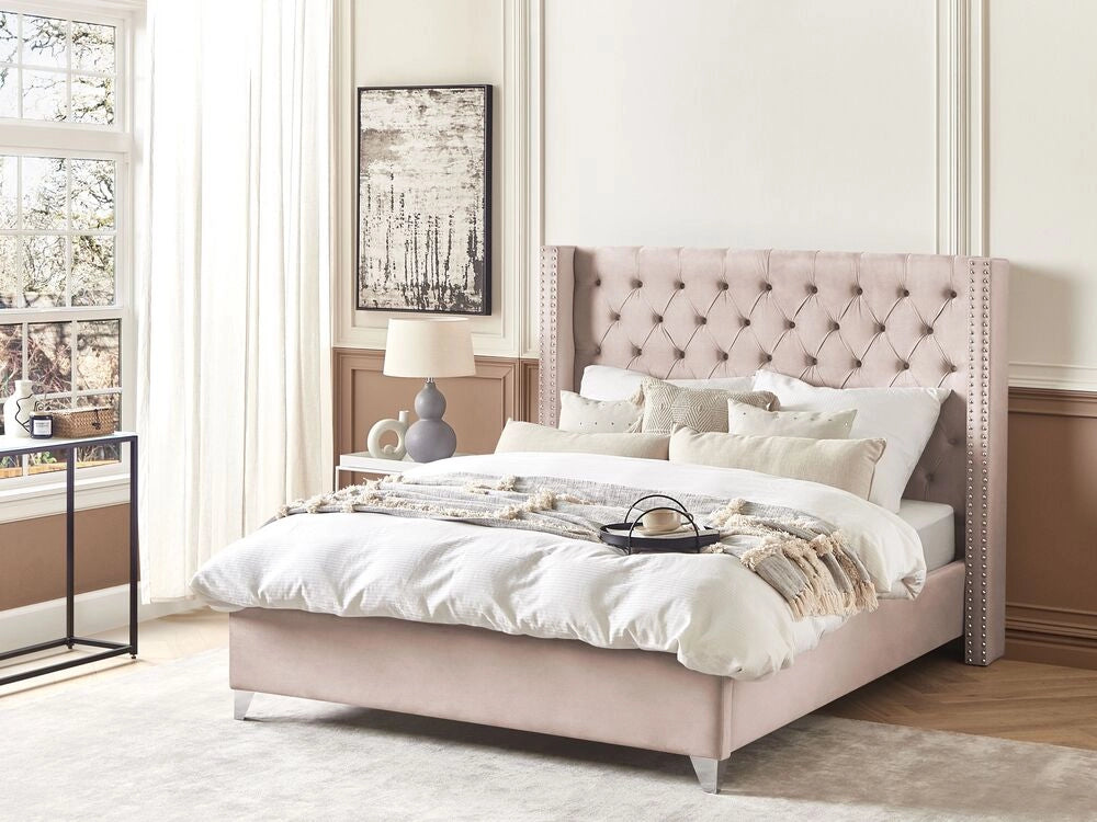 Letto a doghe velluto rosa imbottito trapuntato poggiatesta 160 x 200 cm stile glamour elegante
