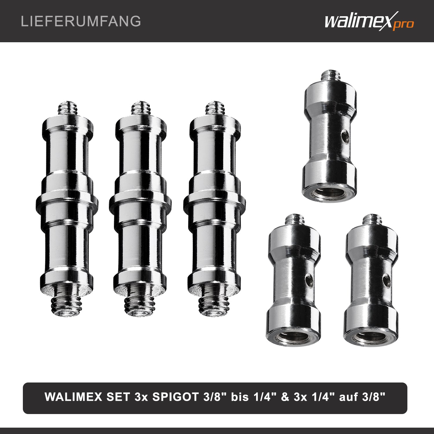 Walimex Set Spigot 3+3 Adattatori per filettatura 3/8“ 1/4” per collegamento accessori foto e video, allestimenti luci servizi fotografici