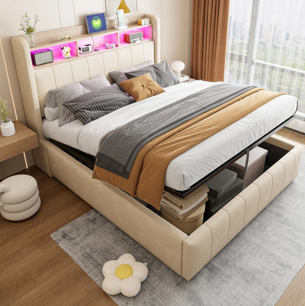 Letto imbottito 140x200 cm beige con LED, USB e vano contenitore
