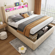 Letto imbottito 140x200 cm beige con LED, USB e vano contenitore