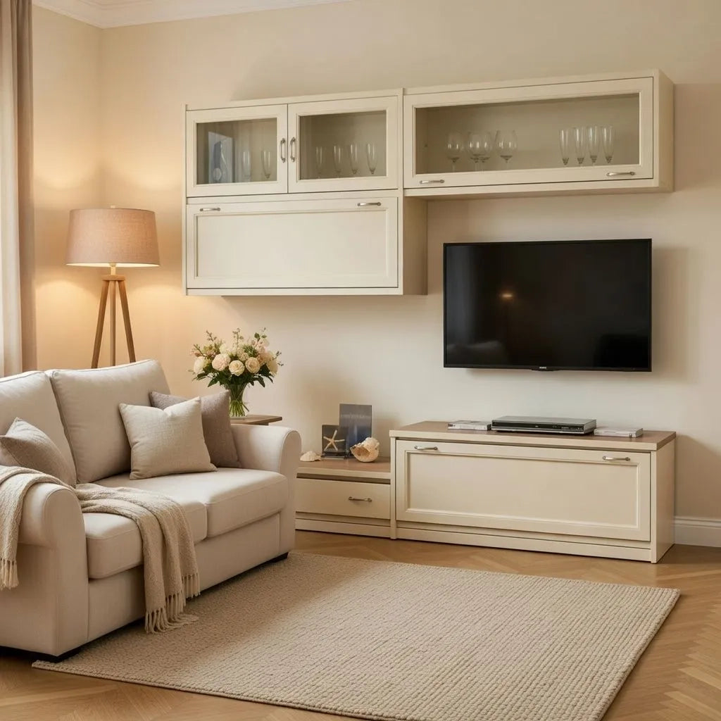 Parete attrezzata in legno shabby chic avorio 209x36/60x200 - Mobili 2G