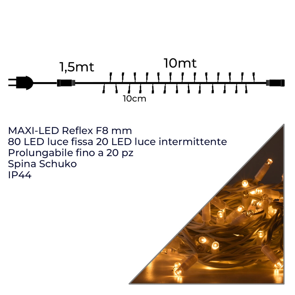 CATENA LUMINOSA PROFESSIONALE 100 MAXI-LED F8 CAVO BIANCO LUCE CALDA FISSA E INTERMITTENTE - 10 METRI PROLUNGABILE ILLUMINAZIONE DECORATIVA DA ESTERNO