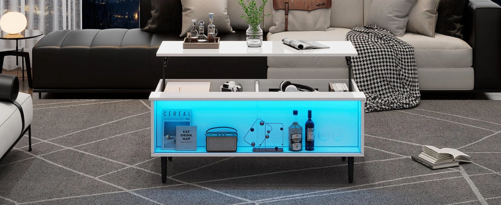 TAVOLO Caffè regolabile 105 x 50 x 43 cm bianco in truciolare e vetro temperato con LED