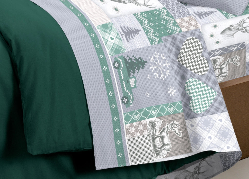 Completo Lenzuola Pensieri Delicati 100% Cotone Disegno Alpi - Matrimoniale - Verde