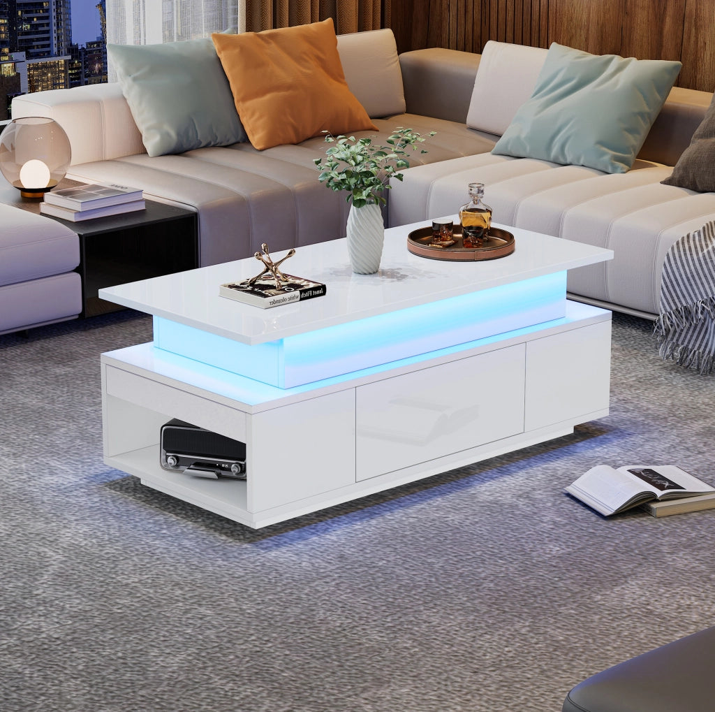 Tavolino da caffè bianco con piano sollevabile, LED e cassetto