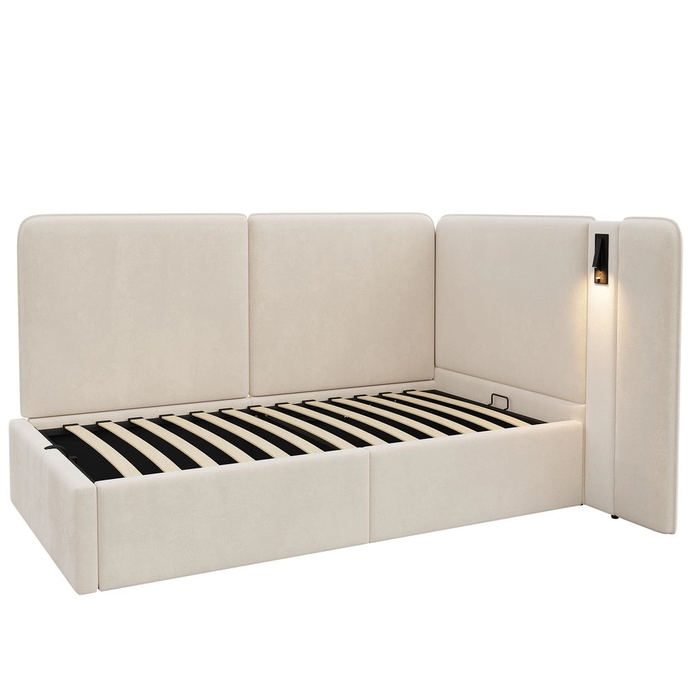 Letto Daybett 90x200 cm - Zephmum- Stoccaggio idraulico, USB, luce da lettura, velluto beige