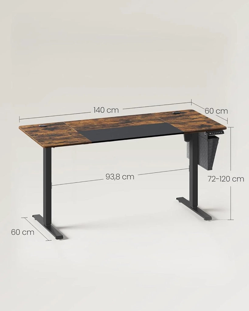 Scrivania elettrica regolabile in altezza con funzione di memoria 4 posizioni di altezza tasca portaoggetti struttura in acciaio piano spesso 140 x 60 x (72-120) cm marrone rustico e nero 12_0004553