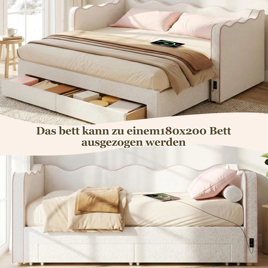 Letto singolo estraibile bouclé beige 90x200 con USB-C