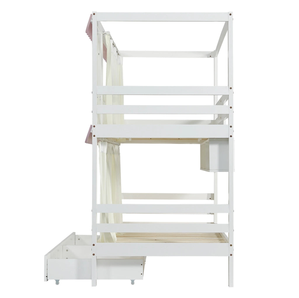 Letto a castello 90x200 cm con cassetti; ripiani e scala in legno bianco e rosa