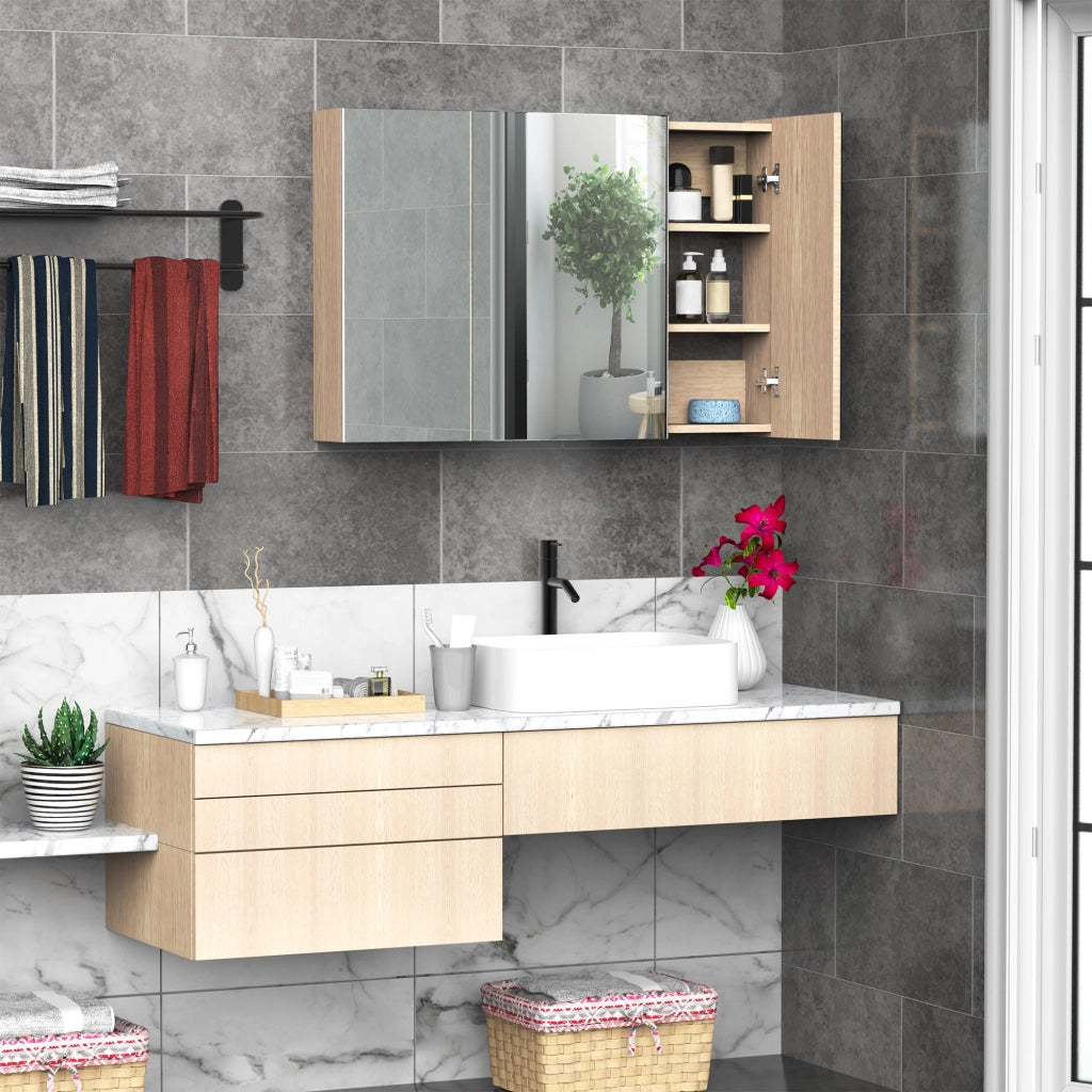 Specchio Contenitore Bagno 3 Ante ¨C Xylo ¨C Legno Bianco Rovere con Ripiani Regolabili 90x60 cm