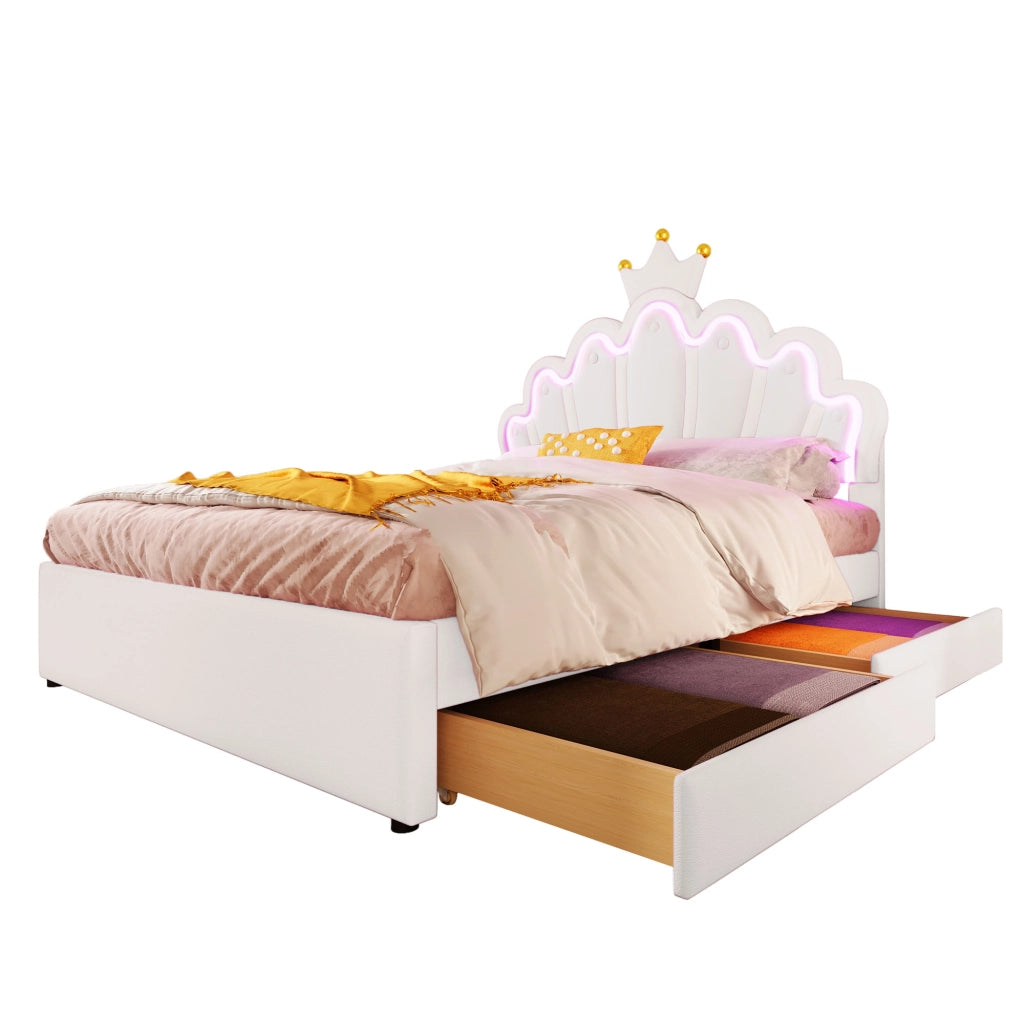 OKWISH Letto Con Cassetti 140×200 cm, Letto Matrimoniale con LED Regolabile, 2 Cassetti e Testiera Regolabile, senza Materasso, PU, Bianco