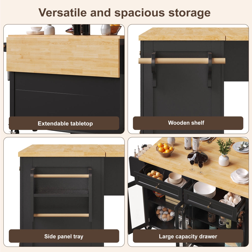 OKWISH Carrello da Cucina con Cassetto, Ripiani, Ante in Vetro e Piano Estensibile con Ruote, MDF, Nero