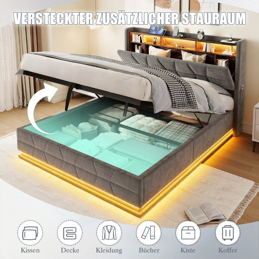 Letto matrimoniale 140x190 cm in velluto grigio scuro con LED; ripiani e presa USB/Type-C