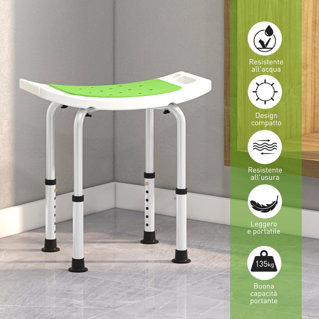 Sgabello da Doccia in Lega di Alluminio e Plastica Antiscivolo, Altezza Regolabile 6 Livelli 39-52cm, Verde