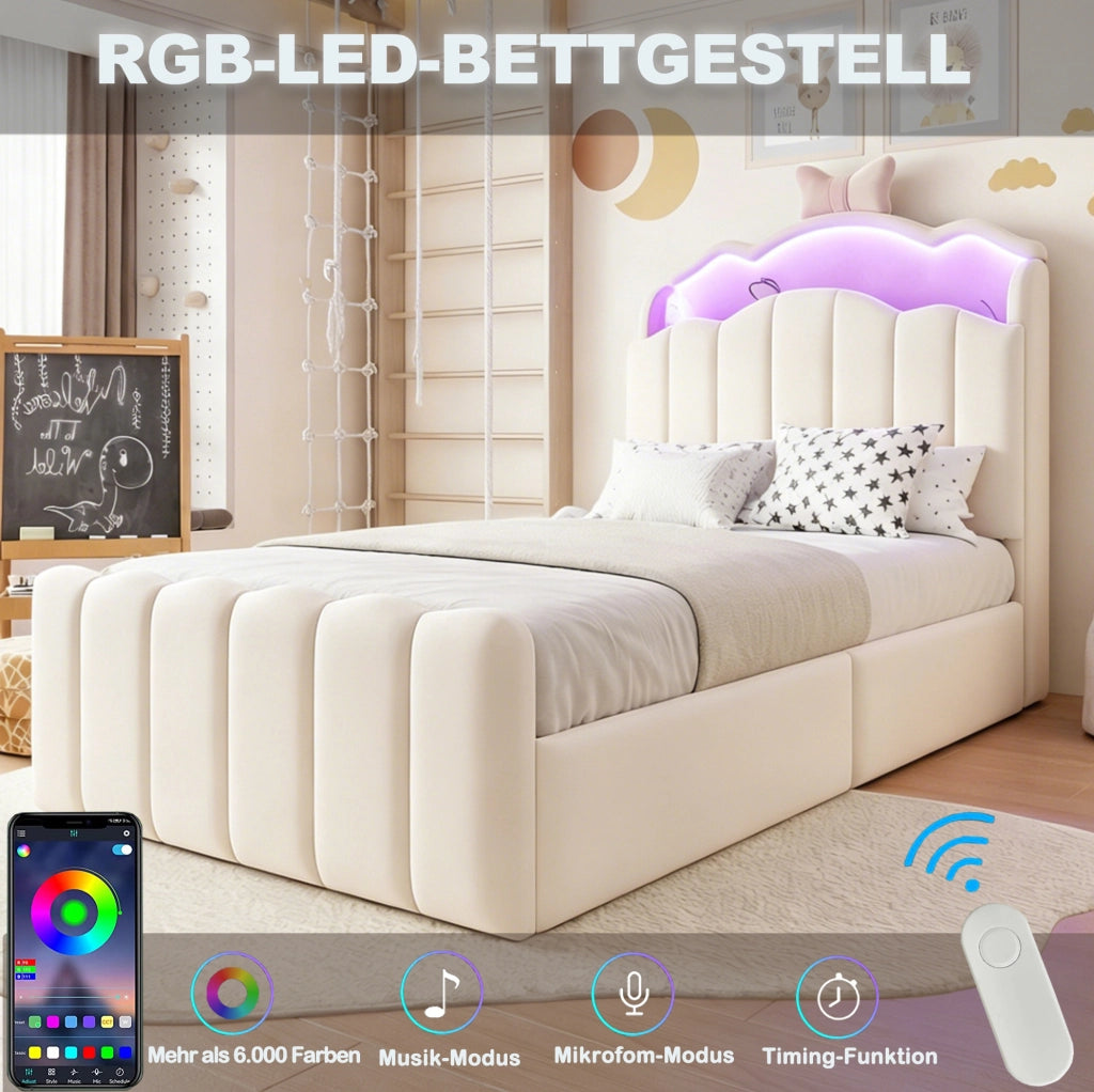 Letto imbottito per bambini 90 x 200 cm beige con LED e contenitore