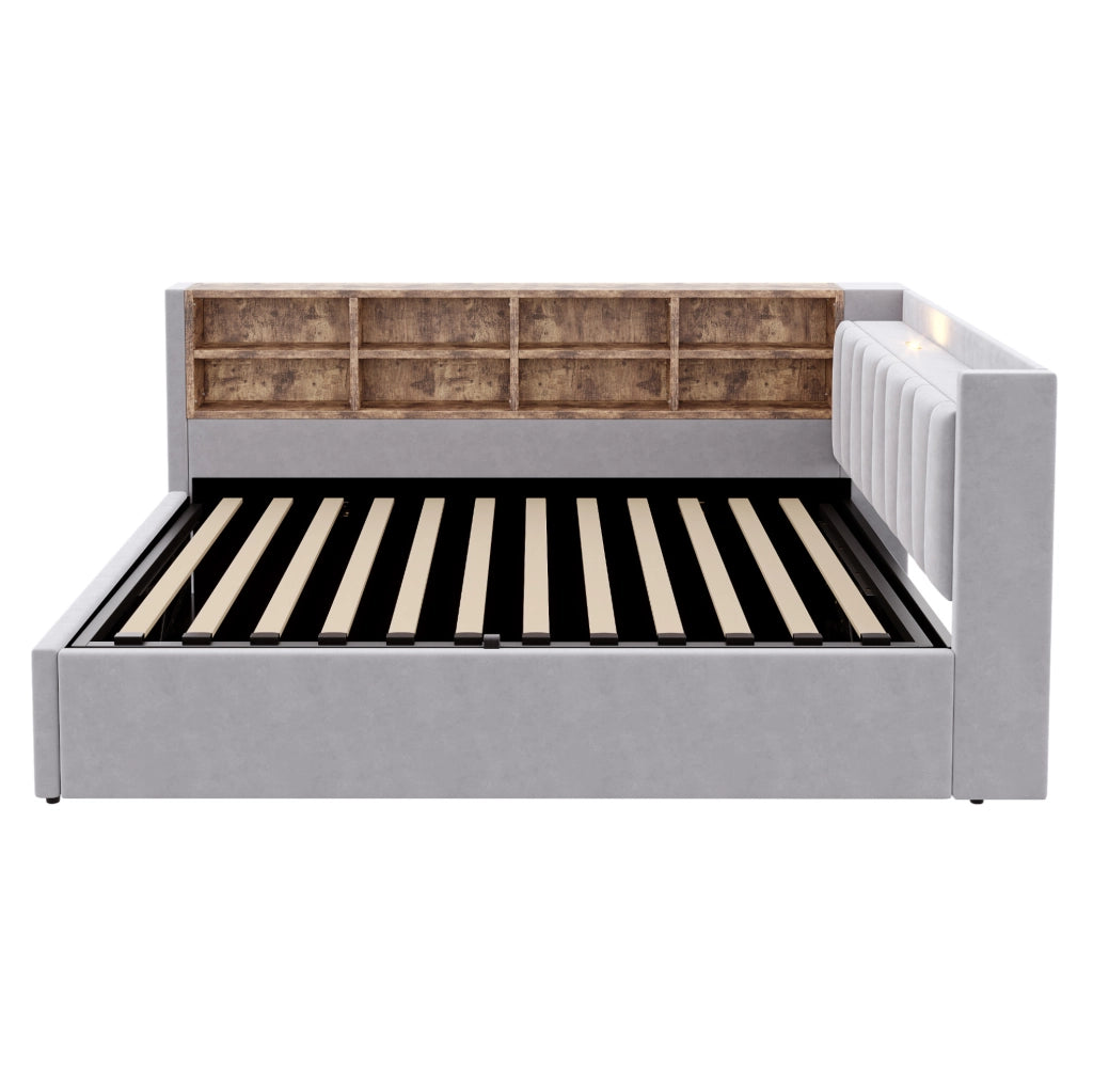 Letto imbottito ULEVR 140x200 cm con contenitore idraulico, luce notturna, USB e Type-C, velluto grigio chiaro