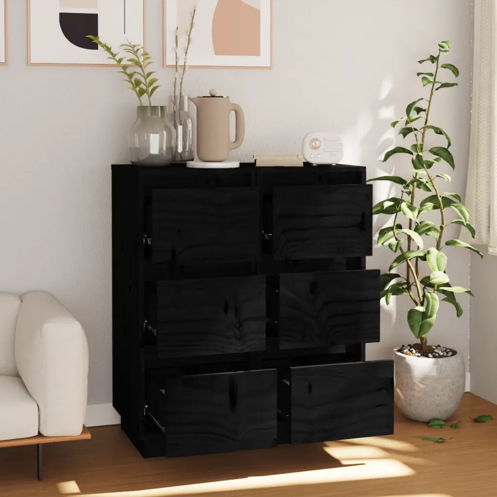 Credenze Nere 2 pz 32x34x75 cm in Legno Massello di Pino 813374