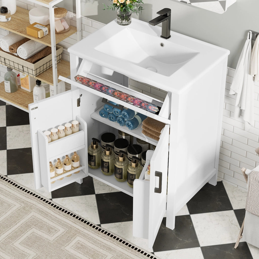Mobile sottolavabo con lavello in ceramica, 2 ante, cassetto reversibile, ripiani regolabili, bianco 60 × 46 × 84,8 cm