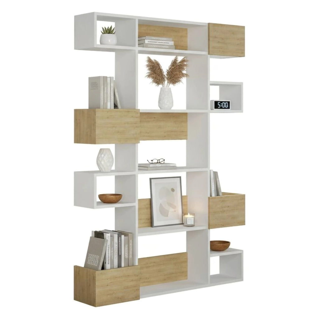 Libreria Artich, Scaffale da ufficio, Mobile portalibri, Biblioteca, 120x25h171 cm, Bianco e Rovere