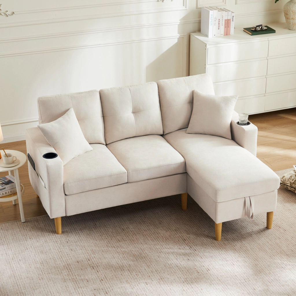 DIVANO ANGOLARE L175 x P129 x H90 cm Beige in cotone e lino con 2 cuscini
