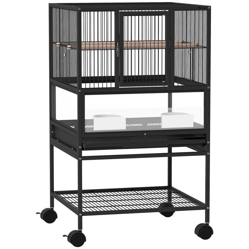GABBIA PER UCCELLI CON RIPIANO INFERIORE, VASSOIO E GRIGLIA RIMOVIBILI, IN ACCIAIO E PP, 48X46X83 CM, NERO
