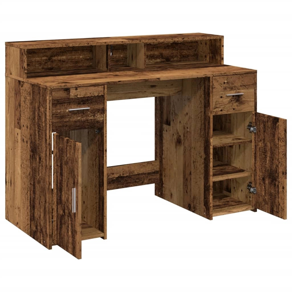 Scrivania tavolo postazione di lavoro mobile per computer studio con luci a LED legno vecchio legno ingegnerizzato marrone 02_0023436