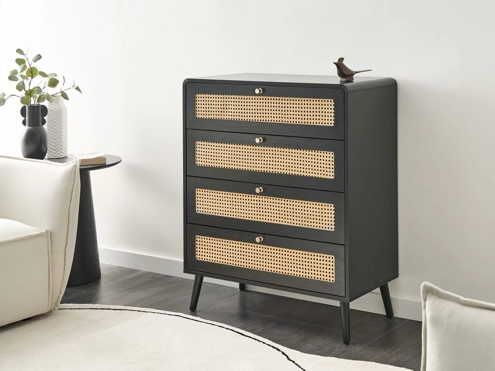 Cassettiera MDF 4 cassetti Gambe in legno Maniglie dorate Stile boho PE Rattan Nero