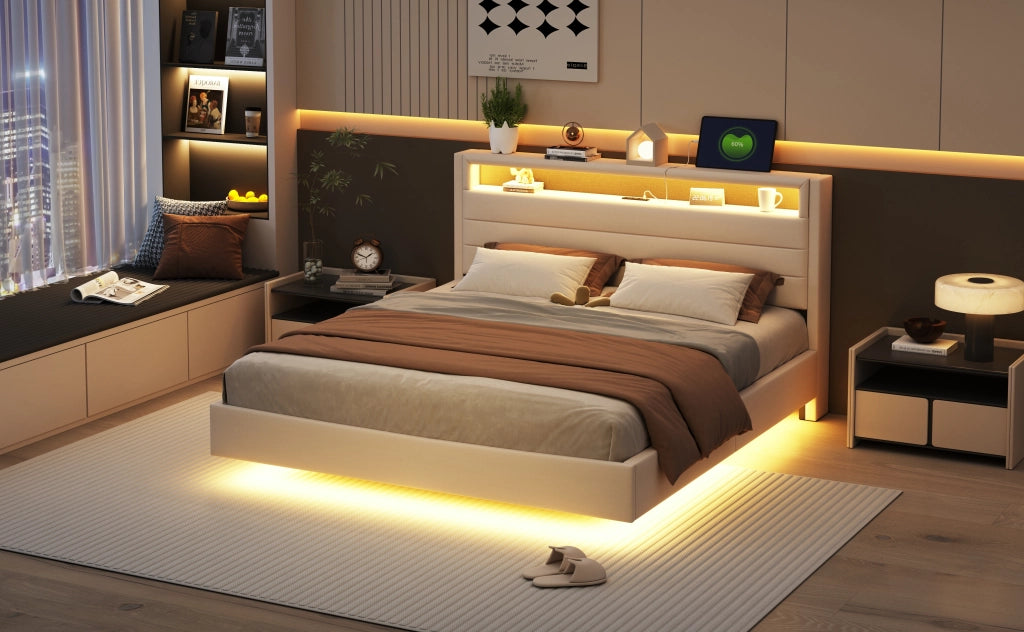 Letto matrimoniale – 160x200 cm – USB LED testiera reversibile – lino beige