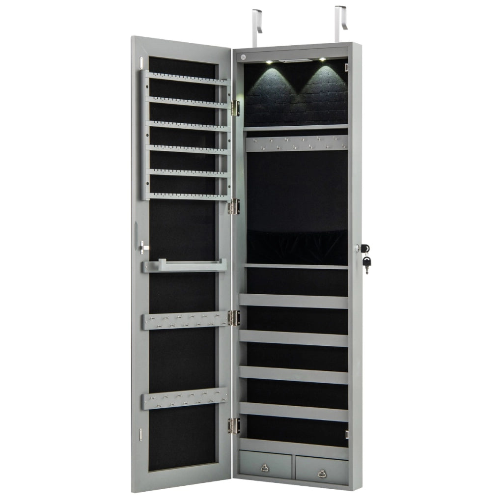 Armadio portagioie con specchio in legno a parete con LED interno 35,5x10x120cm Grigio chiaro-Armadi Appendiabiti