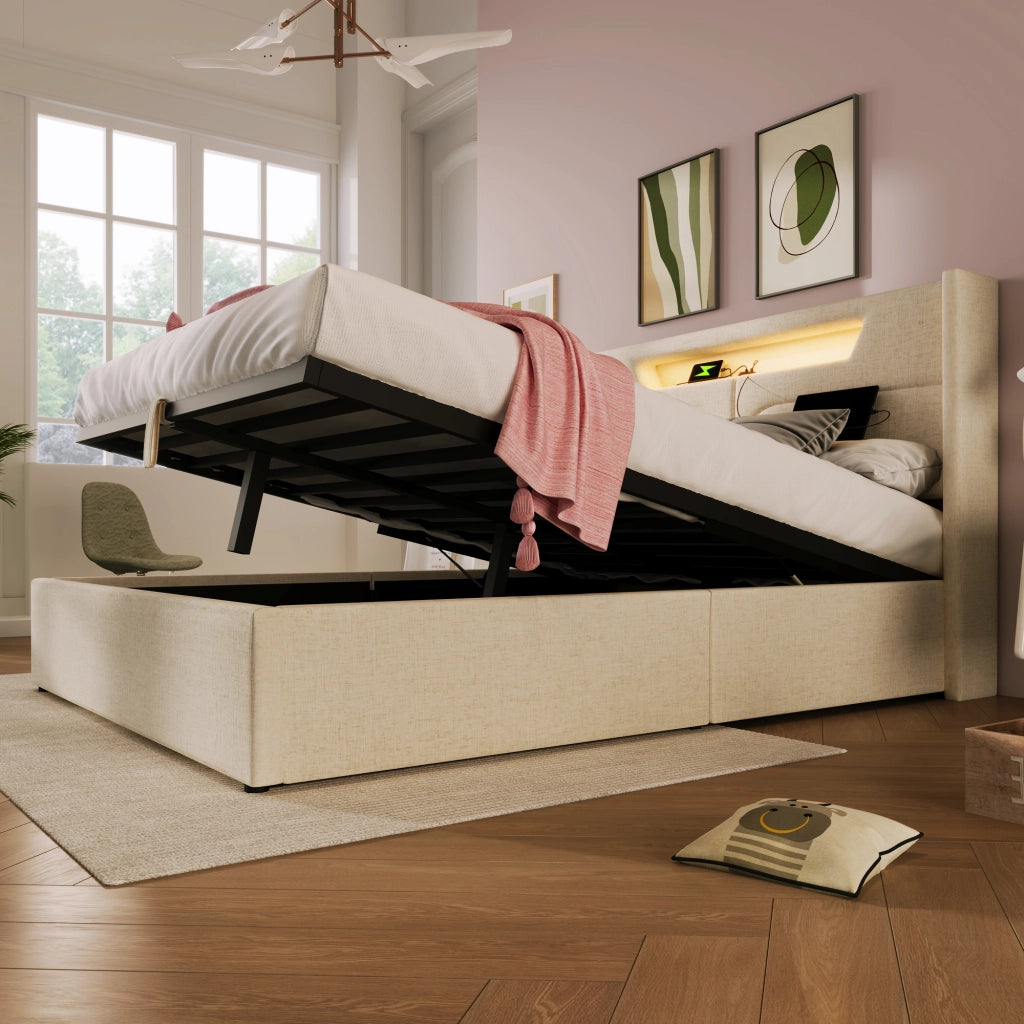 LETTO 140x200 cm Beige in lino con materasso incluso, LED e USB Type C