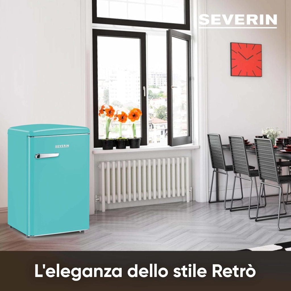 Severin rks 8834 mini frigorifero retrò 108l, frigorifero piccolo e silenzioso con diversi scomparti, congelatore 13l e portabottiglie, 37 db, classe energetica d, turchese
