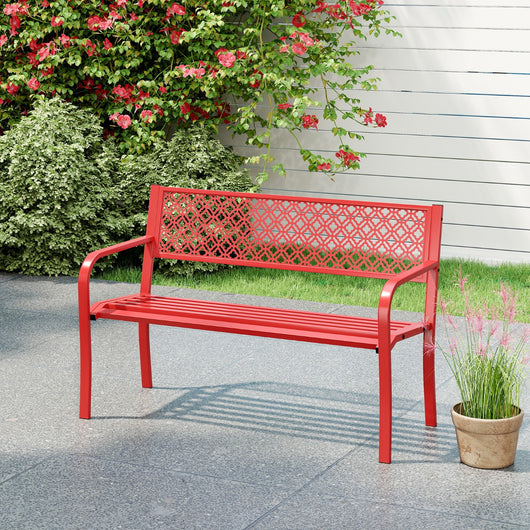 Panca da giardino da 127 cm per esterni panca in metallo, Schienale motivo geometrico Rosso-Panchine