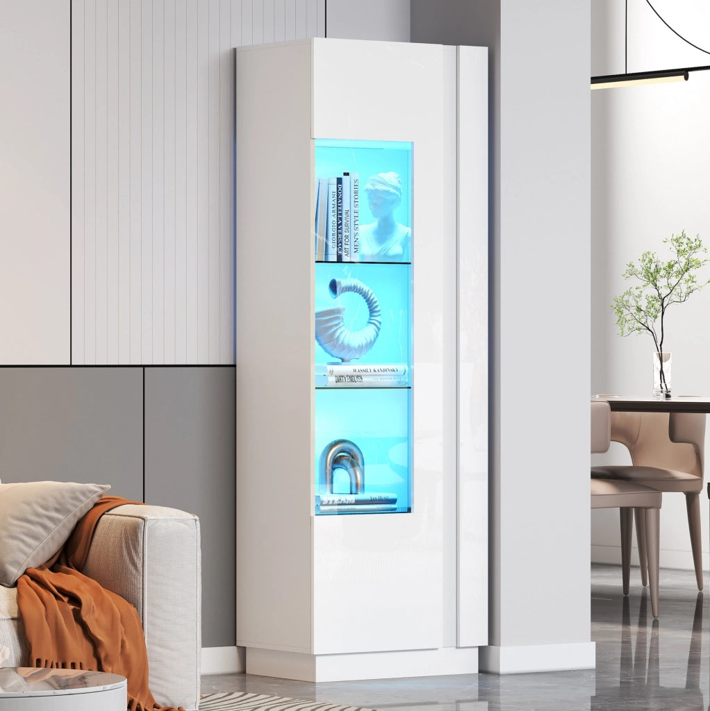 Vetrina alta LED 60x40x180 cm bianca con porta in acrilico e 5 ripiani