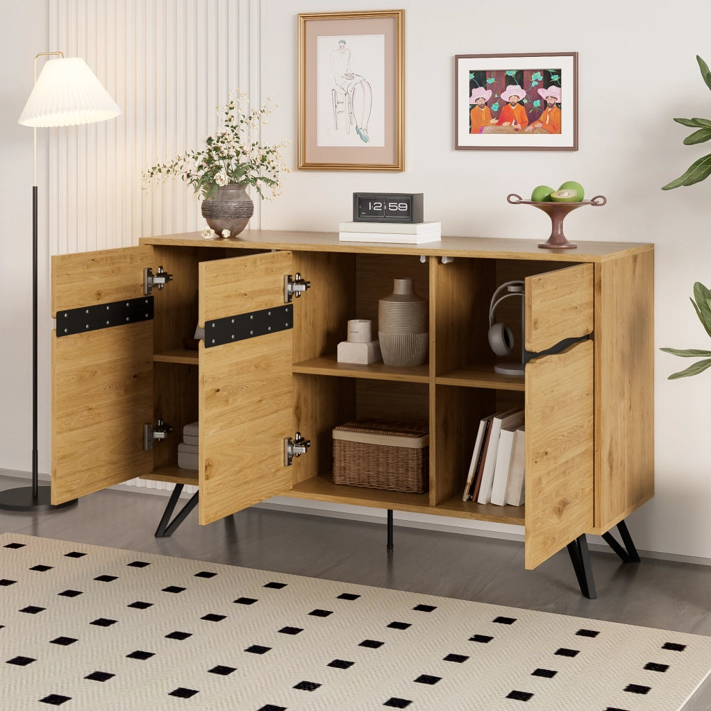 Credenza con 3 Ante e Gambe in Metallo; Design Moderno; in Pannello Truciolare; Nero; 140??40??75;5 cm