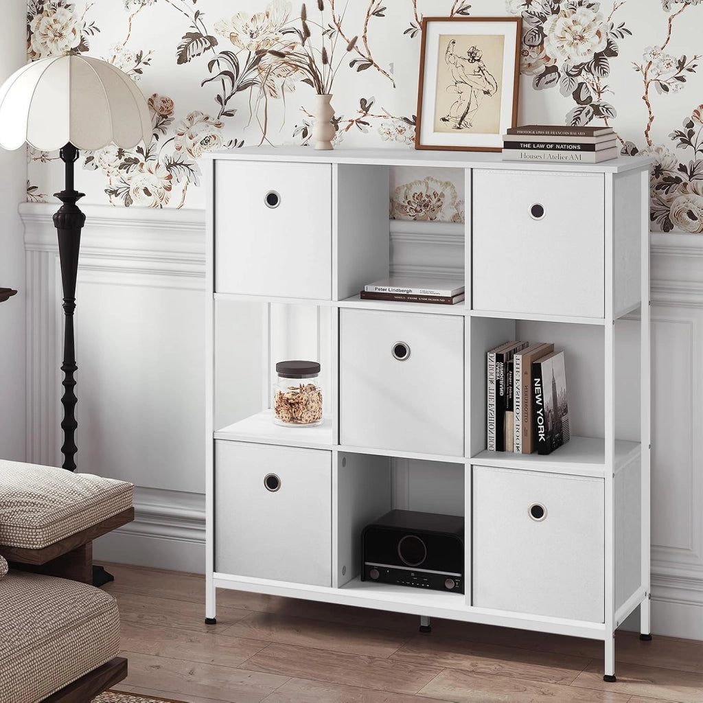 Scaffale per Libri, Scaffale con 4 Cubi Aperti e 5 Cassetti in Tessuto non Tessuto, Unità di Stoccaggio Industriale per Soggiorno/Camera da Letto/Ufficio, Legno Ingegnerizzato, RGB64ws