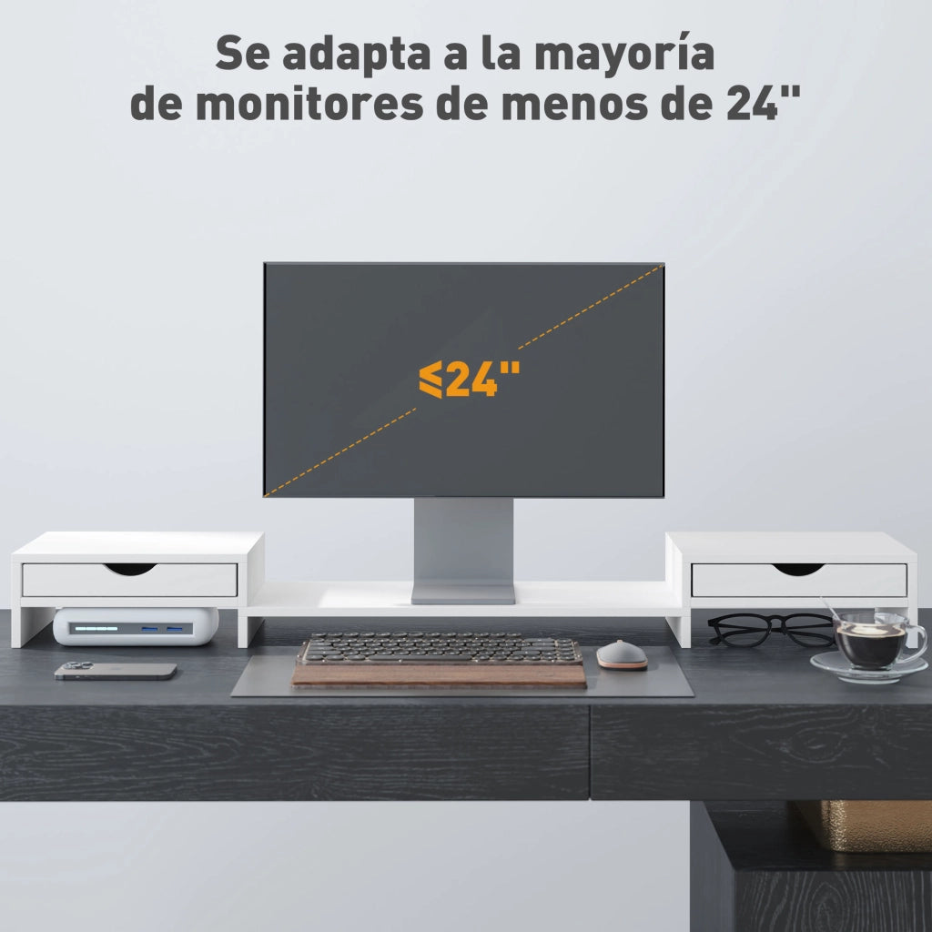 Supporto Monitor Regolabile con 2 Cassetti ¨C Xylo ¨C Bianco 60-116x22x12 cm