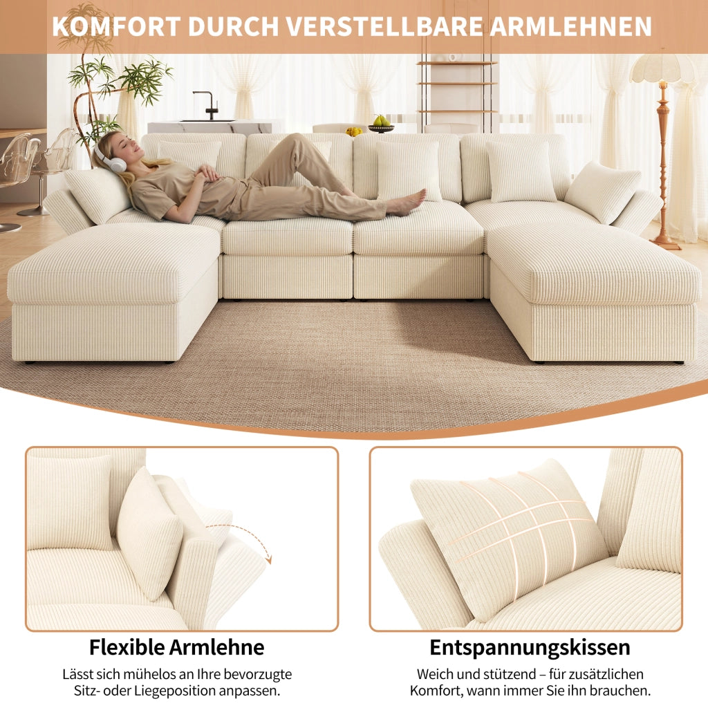 Divano angolare modulare 4-6 posti - con braccioli regolabili e pouf - velluto a coste beige