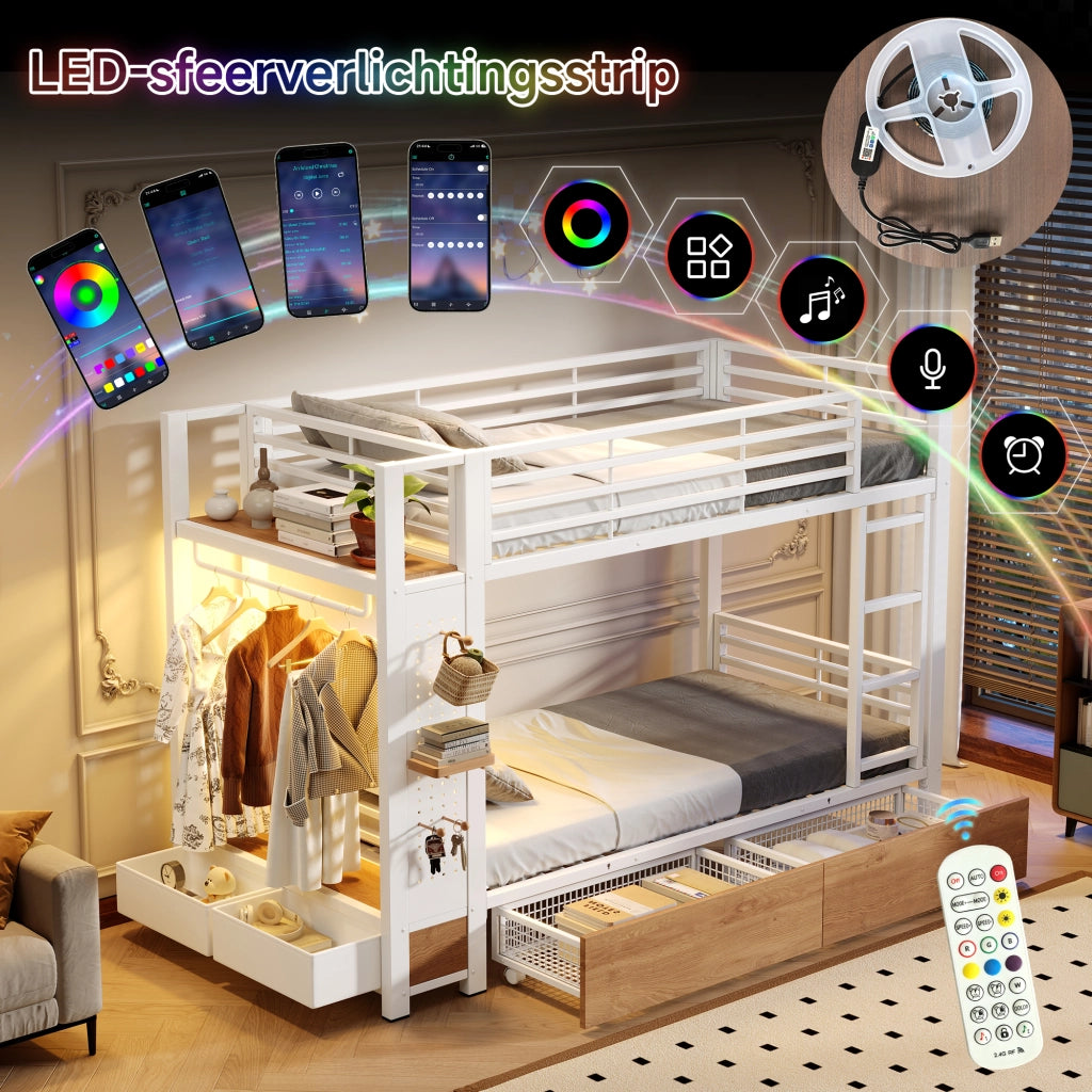 Letto a castello 90 × 200 cm con 2 cassetti, LED e appendiabiti, senza materasso, in MDF e metallo, bianco