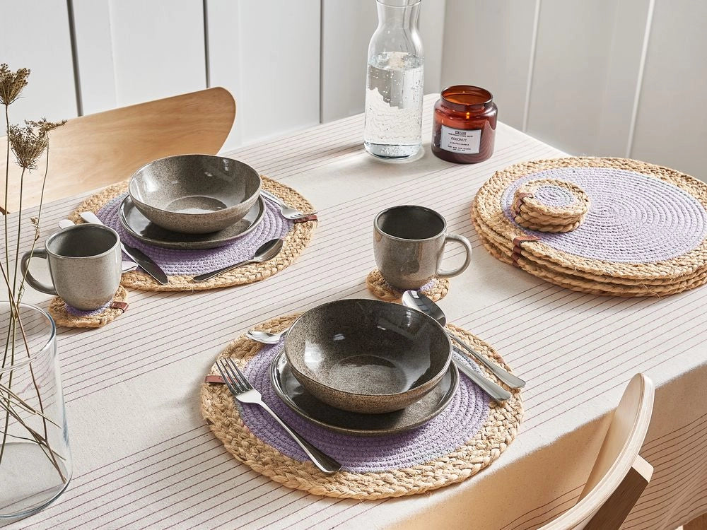 Set di 12 tovagliette e sottobicchieri rotondi in iuta di cotone naturale fatti a mano da 35/10 cm Grigio e naturale stile boho