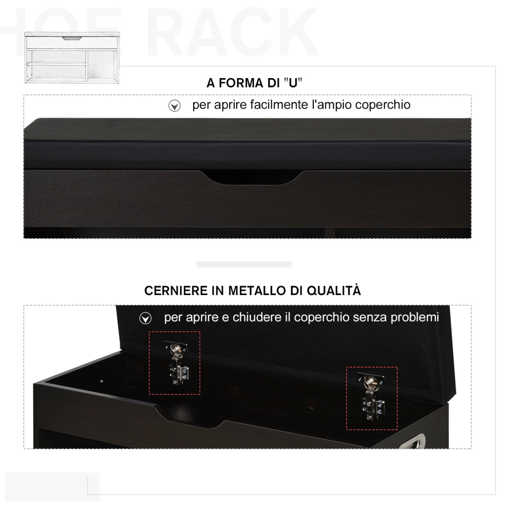 Scarpiera Salvaspazio da Ingresso Imbottita, Mobile da Ingresso con Scarpiera, con 3 Scomparti, Seduta in Pelle PU, per Soggiorno e Corridoio, 80x30x43 cm, Nero
