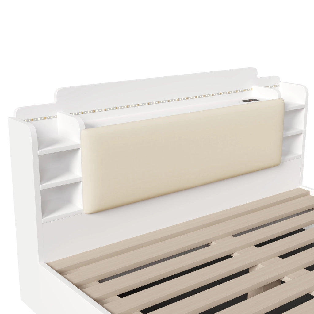 DESMIU Letto contenitore 140 × 200 cm 2 posti con USB Type-C, LED e vano idraulico, senza materasso, bianco