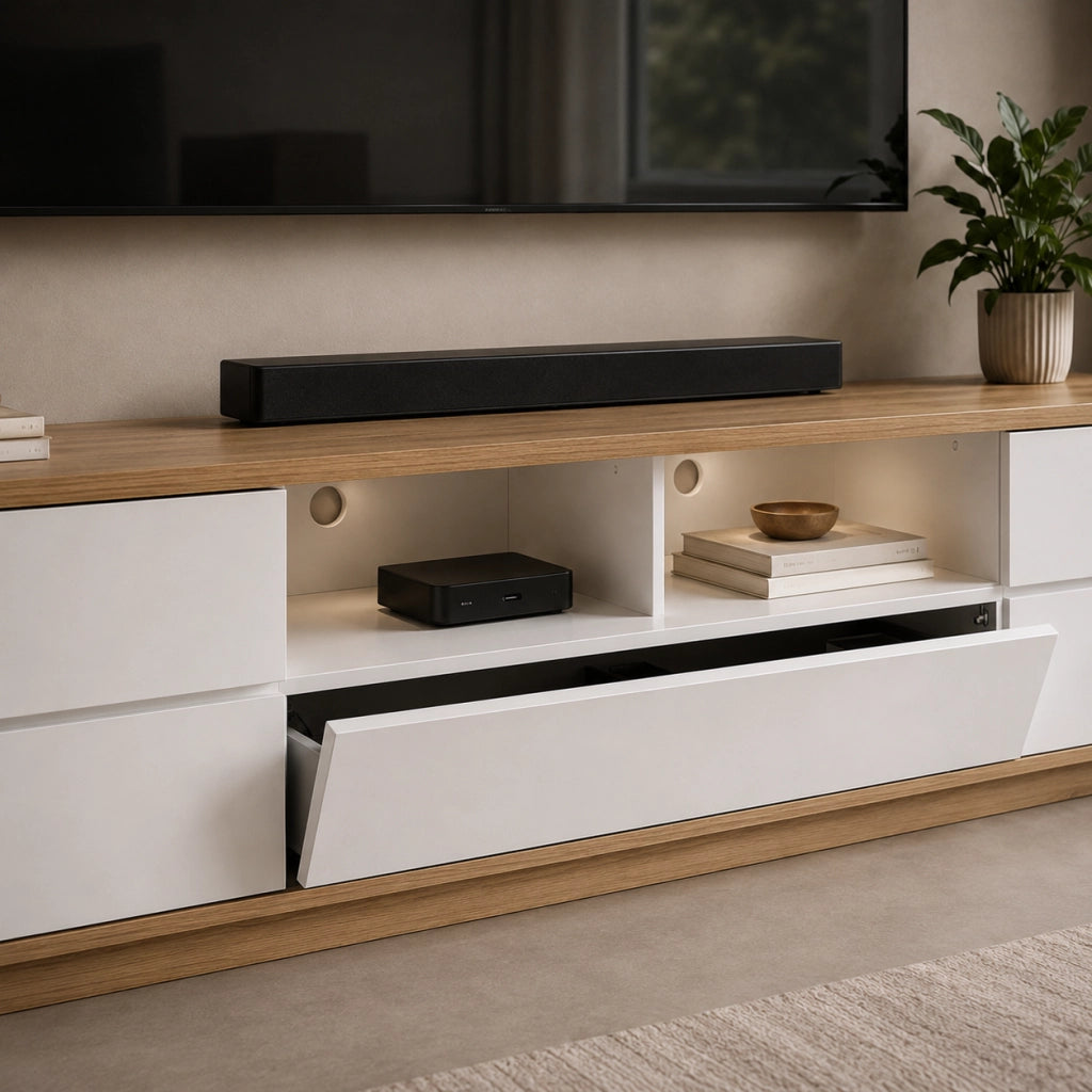 Mobile Tv Moderno Con 4 Ante 1 Anta A Ribalta 2 Vani A Giorno Con Passacavi Per Soggiorno Zona Living Salotto In MDF Resistente 180 x 38 x 46 Cm Bianco E Rovere