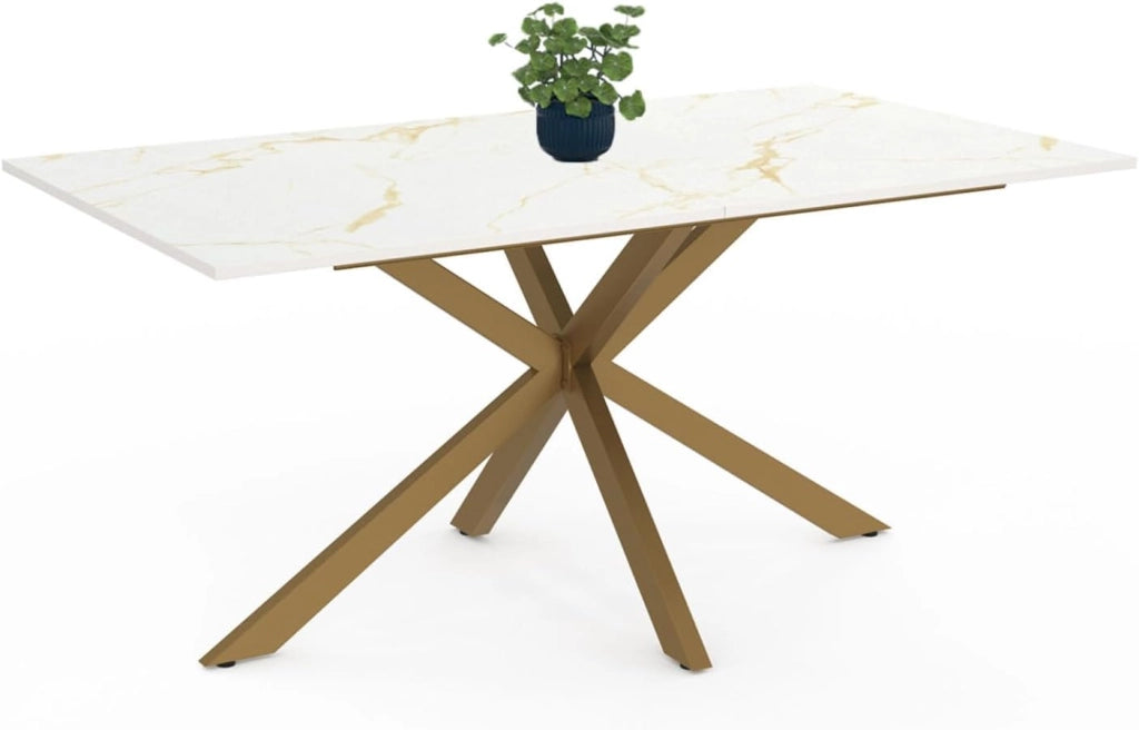 ALIX Tavolo da pranzo rettangolare per 8 persone con gamba a ragno in ottone e piano effetto marmo bianco ALASKA 160 cm