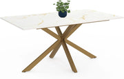ALIX Tavolo da pranzo rettangolare per 8 persone con gamba a ragno in ottone e piano effetto marmo bianco ALASKA 160 cm